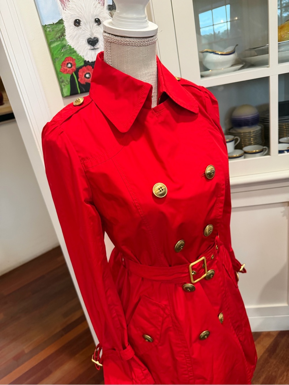 Burberry Red Double-Breasted Trench Coat with Gold Buttons - Picture 8 of 10